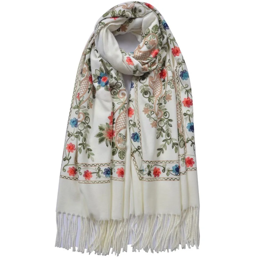 Cashmere Blend Embroidery Floral Pattern Scarf - Ivory
