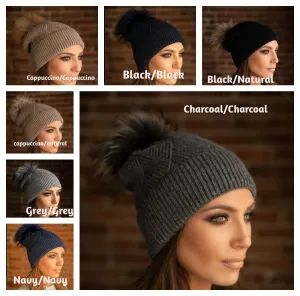 Cashmere Cuff Slouch Kids and Adults Fur Pom Hats