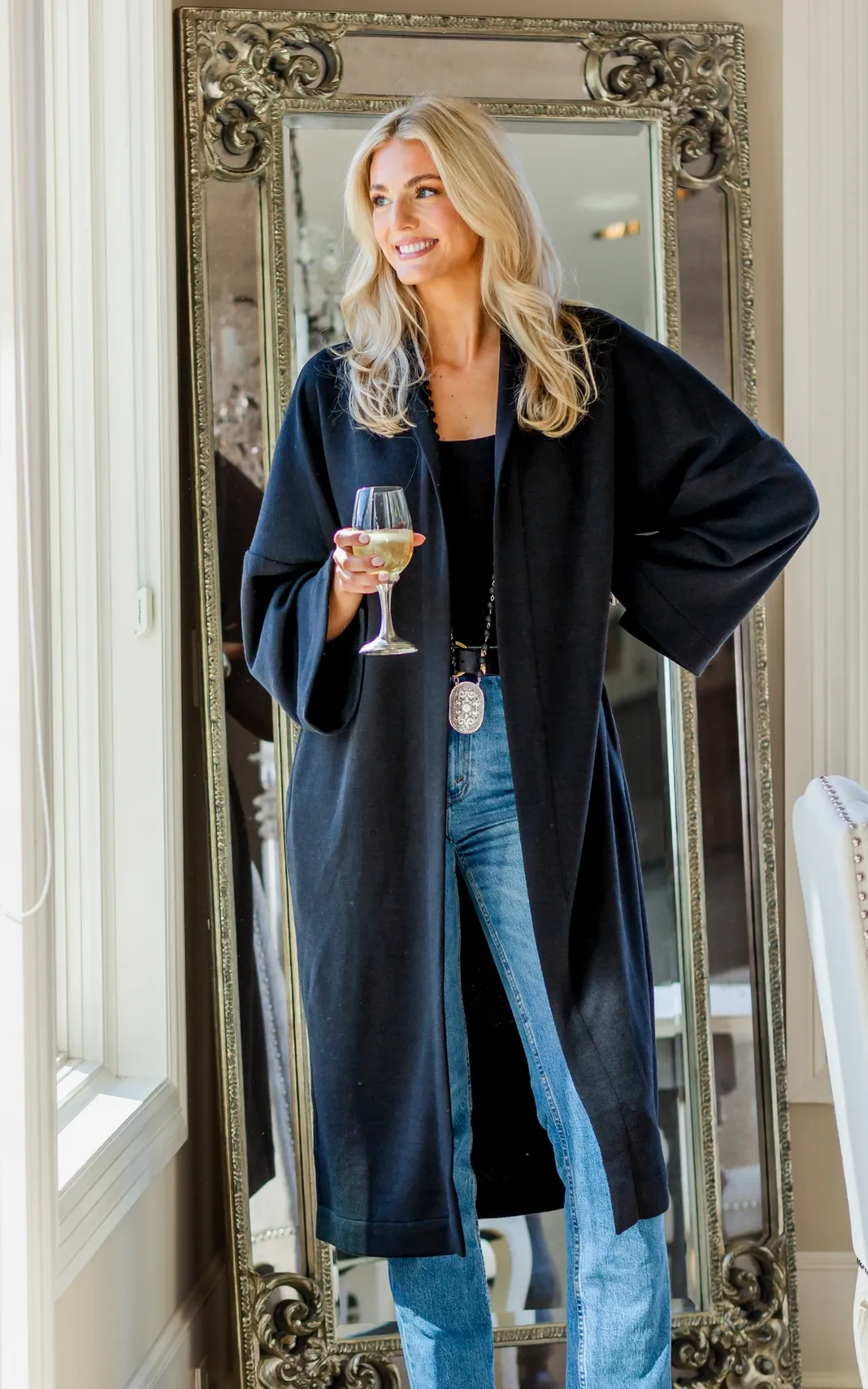 Crown Linen- Black Elegant Ingrid Duster Travel  and Lounge Piece-New