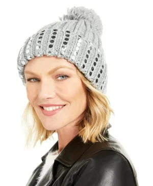DKNY Women's Flat-Stud Metallic Rib-Knit Pom-Pom Beanie, Gray