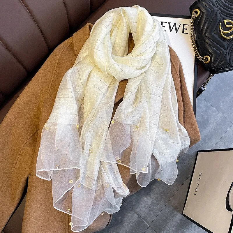 Luxury Shiny Diamond Scarf Silk Women Hijab Soft Wool Shawls and Wraps Large Thin Scarves Foulard Female Bufanda 2021 New