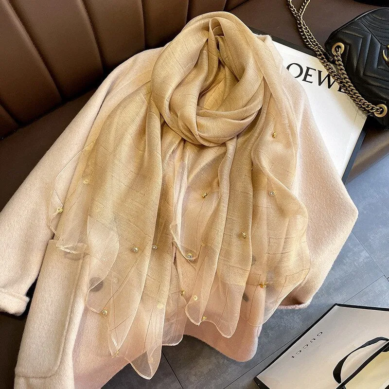 Luxury Shiny Diamond Scarf Silk Women Hijab Soft Wool Shawls and Wraps Large Thin Scarves Foulard Female Bufanda 2021 New