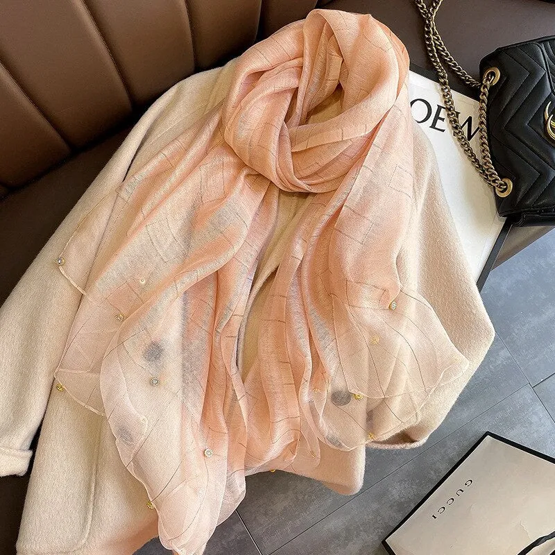 Luxury Shiny Diamond Scarf Silk Women Hijab Soft Wool Shawls and Wraps Large Thin Scarves Foulard Female Bufanda 2021 New