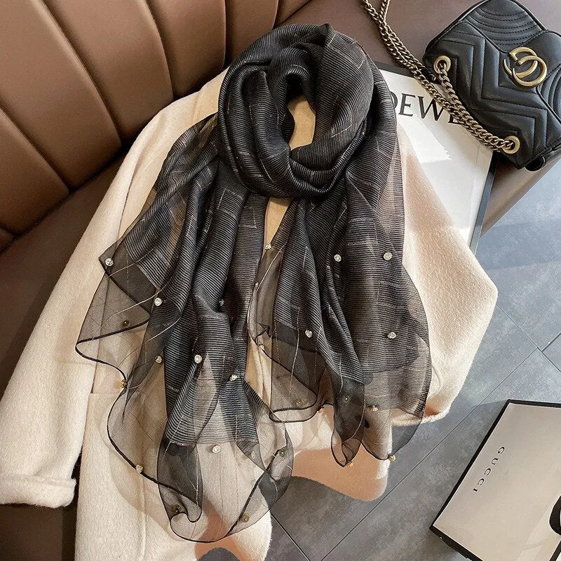 Luxury Shiny Diamond Scarf Silk Women Hijab Soft Wool Shawls and Wraps Large Thin Scarves Foulard Female Bufanda 2021 New
