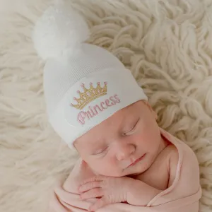 Pink and Gold Princess Patch White Hospital Hat with White Pom Pom Newborn Girl Hat