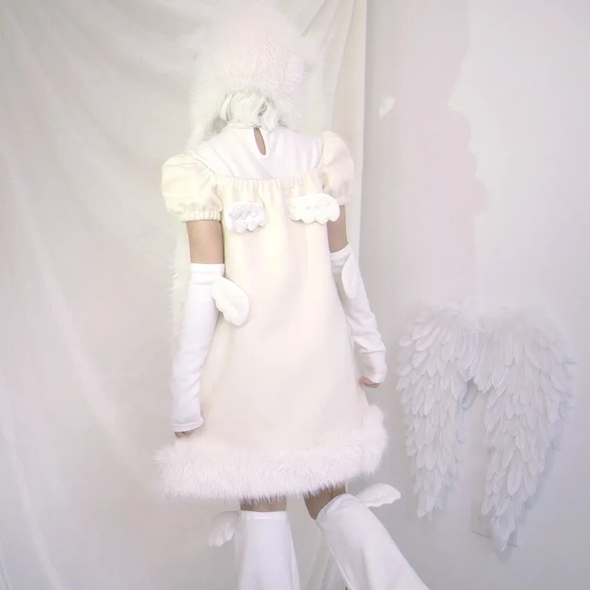 Pom Pom Bow Square Neck Puff Sleeve Back Wings Cream Dress