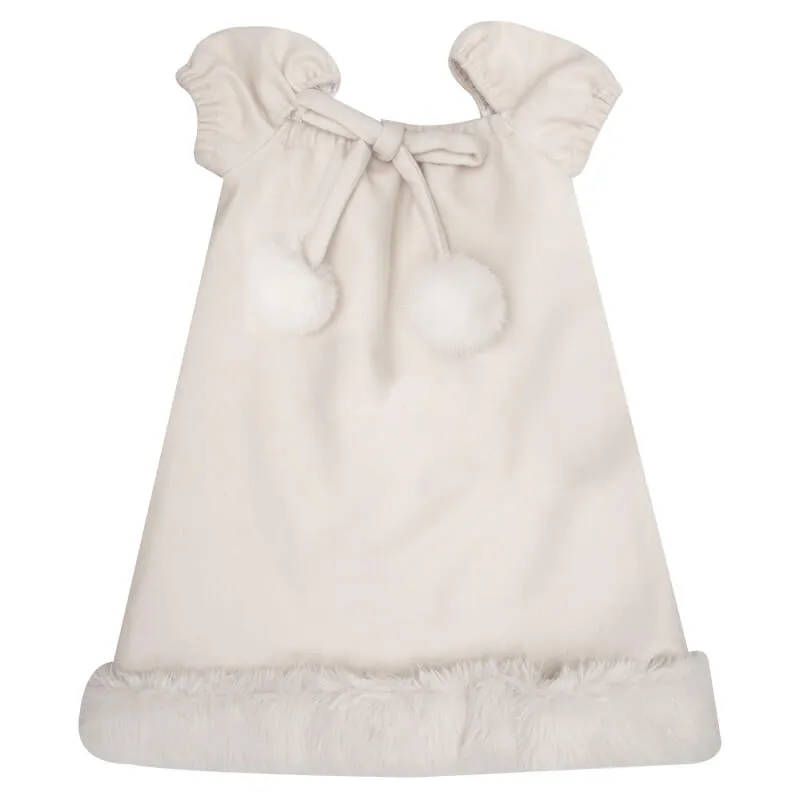 Pom Pom Bow Square Neck Puff Sleeve Back Wings Cream Dress