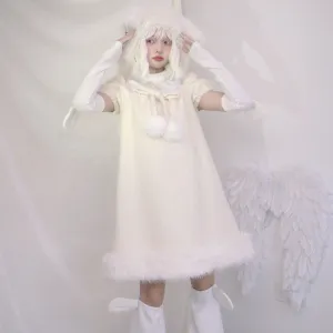 Pom Pom Bow Square Neck Puff Sleeve Back Wings Cream Dress
