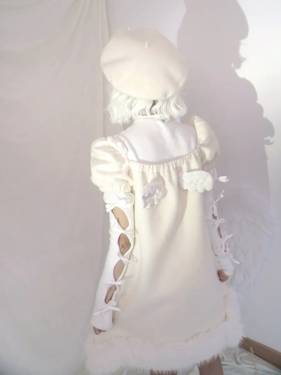 Pom Pom Bow Square Neck Puff Sleeve Back Wings Cream Dress