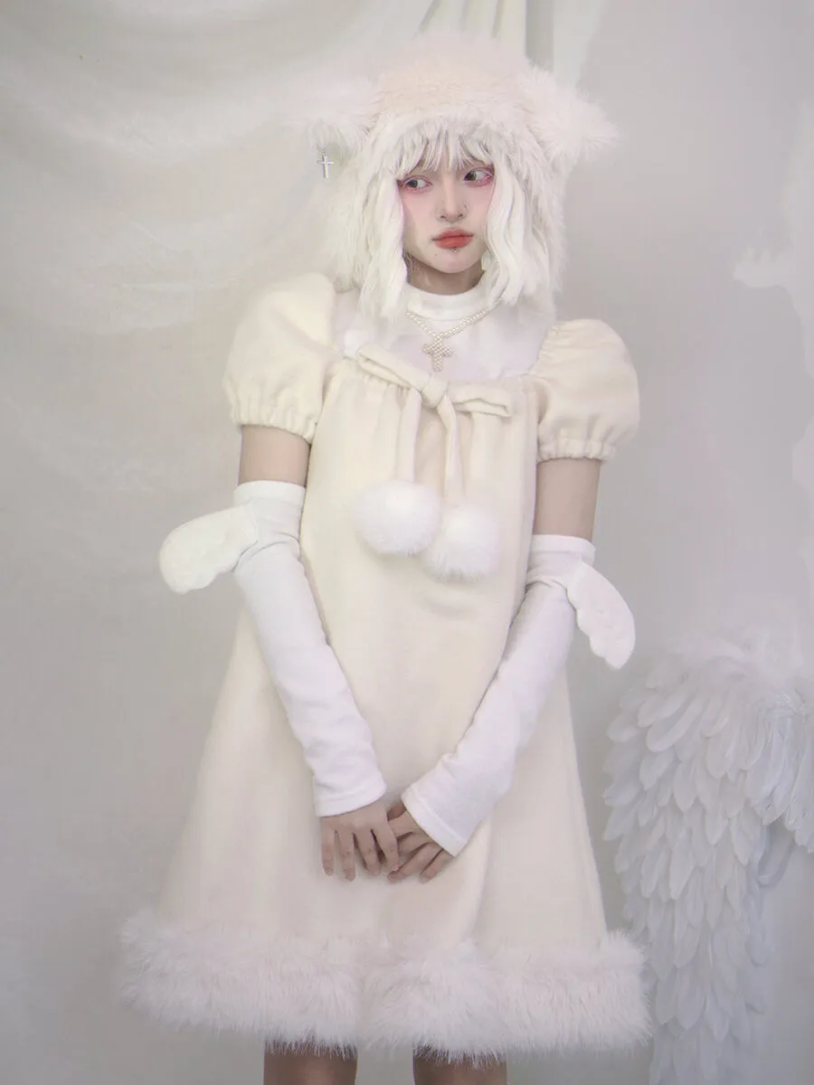 Pom Pom Bow Square Neck Puff Sleeve Back Wings Cream Dress