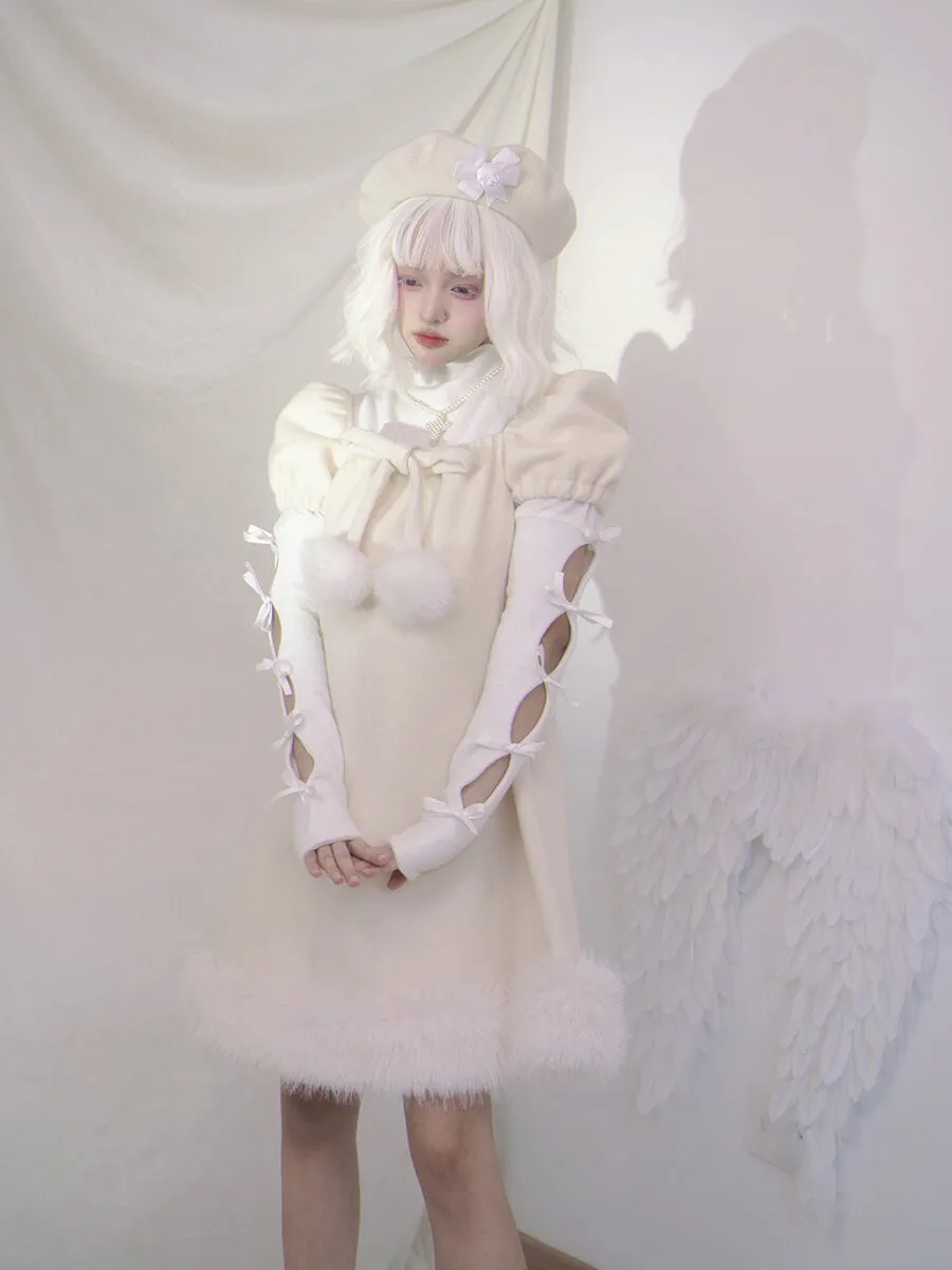 Pom Pom Bow Square Neck Puff Sleeve Back Wings Cream Dress