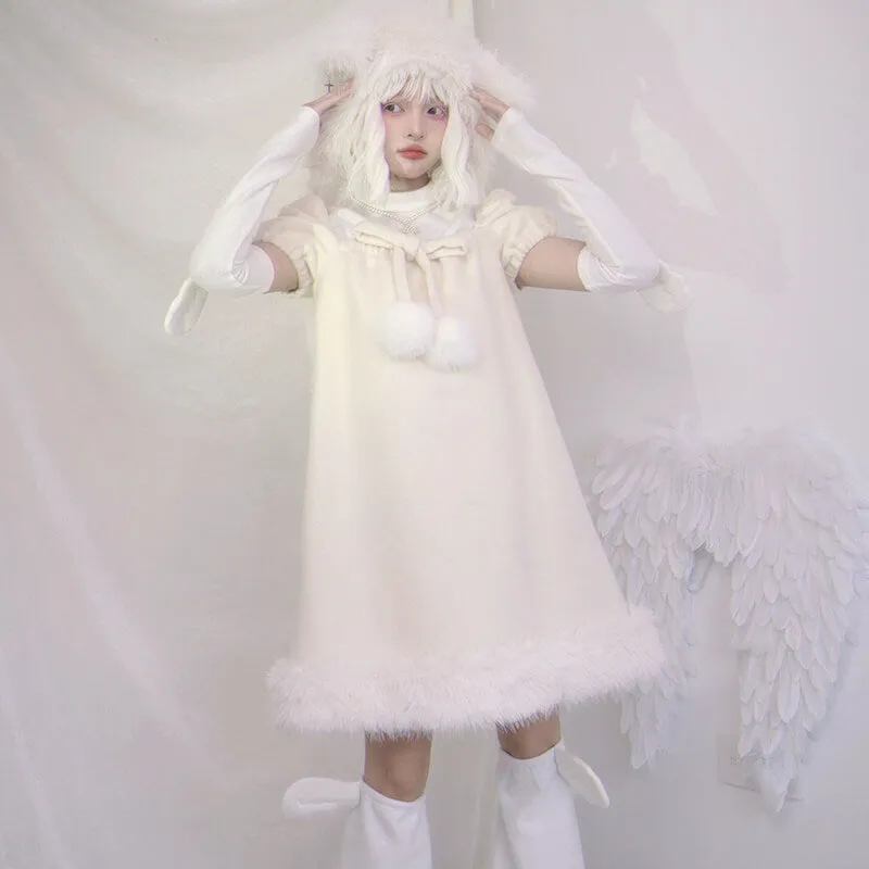 Pom Pom Bow Square Neck Puff Sleeve Back Wings Cream Dress