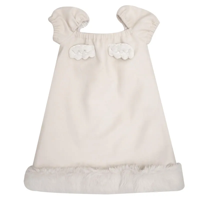 Pom Pom Bow Square Neck Puff Sleeve Back Wings Cream Dress