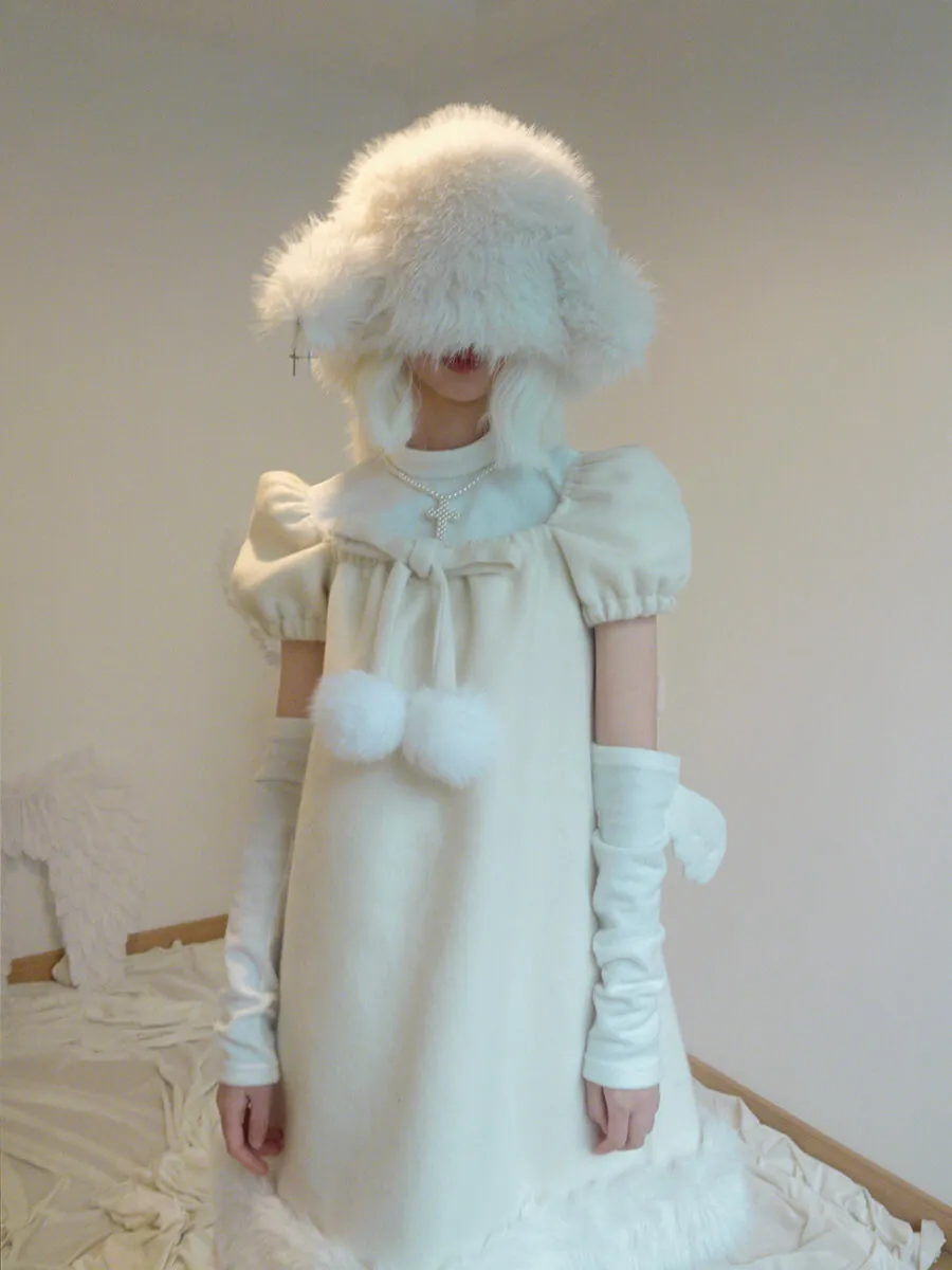 Pom Pom Bow Square Neck Puff Sleeve Back Wings Cream Dress