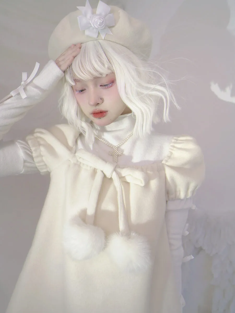 Pom Pom Bow Square Neck Puff Sleeve Back Wings Cream Dress