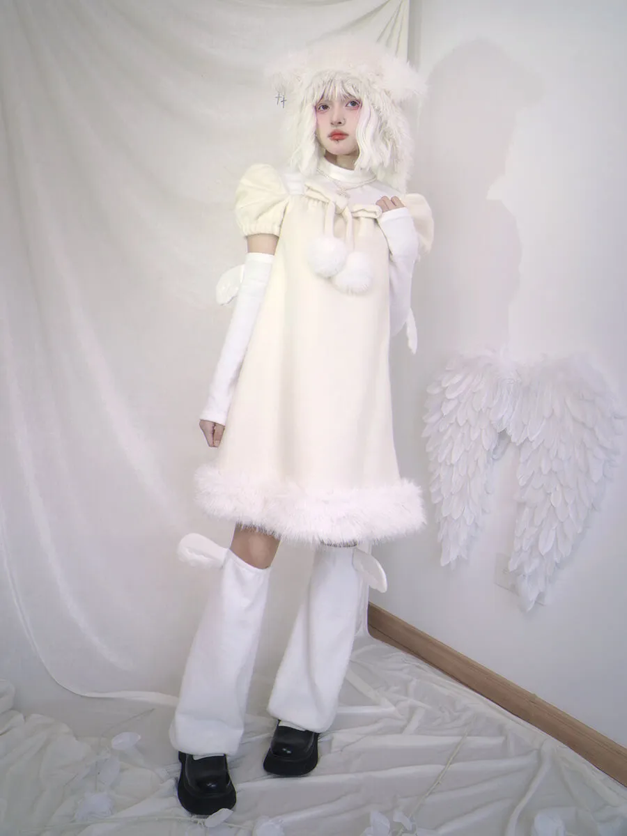 Pom Pom Bow Square Neck Puff Sleeve Back Wings Cream Dress