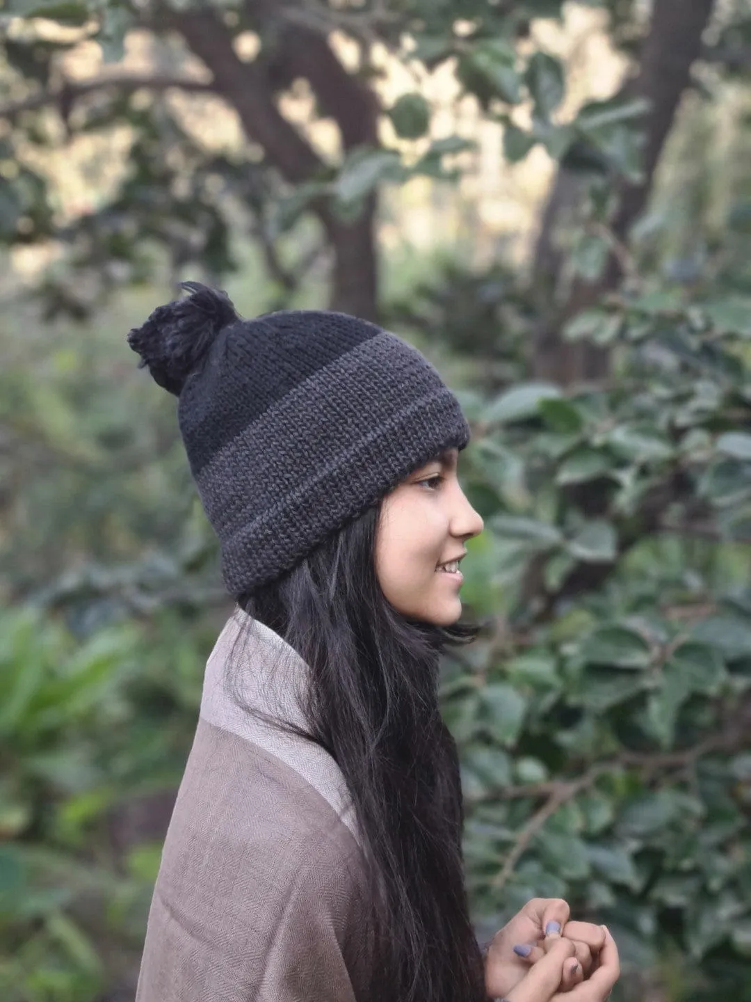 Shades of Night Merino Cap with pom-pom