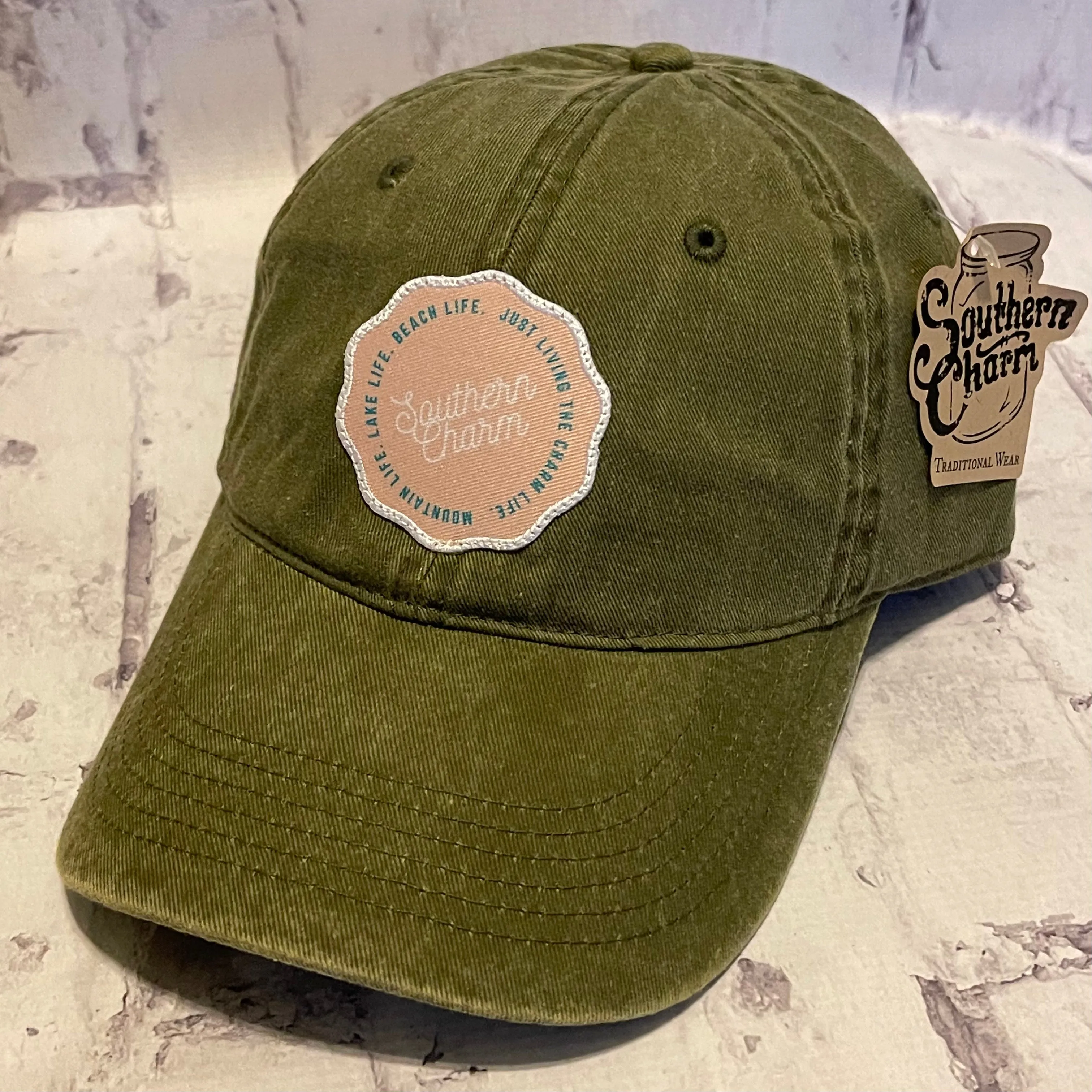 Southern Charm "Mtn Lake Beach" Hat - Olive with Woven Patch