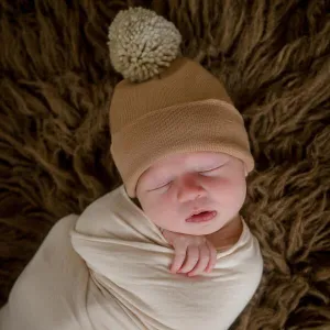 Tan Beanie with Oatmeal Pom Pom Newborn Hospital Hat -newborn boy hospital hat- Personalization Optional